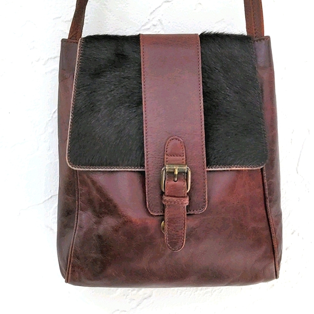 Vintage Italian Leather Cowhide Crossbody Shoulder Bag Brown